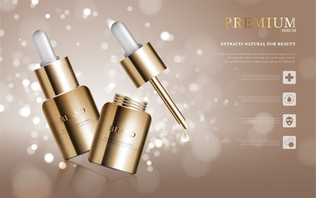 Hydrating facial serum for annual sale or festival sale. blue and gold serum mask bottle isolated on glitter particles background. Graceful cosmetic ads, illustration.のイラスト素材