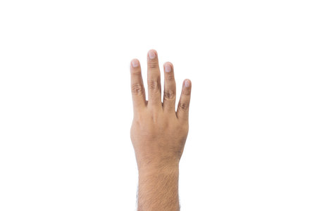 Close-up man's back of hand. Open outstretched hand, showing five fingers means number five, extended in greeting copy space isolated on white background. Space for text.の写真素材