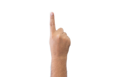 Close-up man's back of hand. Open outstretched hand, showing one fingers means number one, extended in greeting copy space isolated on white background. Space for text.の写真素材