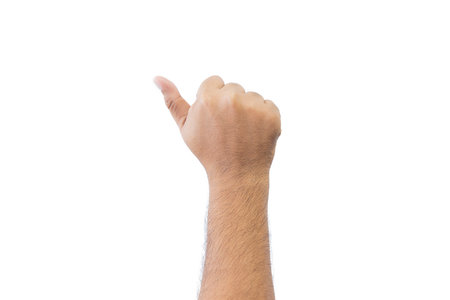 Close-up man's back of hand. Open outstretched hand, showing one fingers means number six, extended in greeting copy space isolated on white background. Space for text.の写真素材
