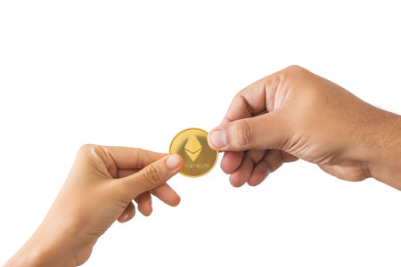 close-up hand of man holding crypto coin copy space isolated on white background. Blockchain technology finance in future. Male hand hold Ethereum. concept about business, finance, trade, economy.の写真素材
