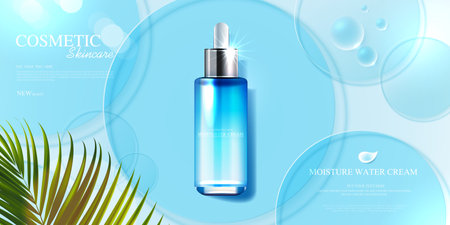 Moisture skincare product ads with watery water to moisturize the face. bottle and realistic package mockup. banner ad for beauty products and blue background. cosmetic vector design.のイラスト素材