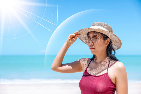 Asian model wear red swimsuit and straw hat stand on beach look view on hot day, Sun and UV rays hit the beautiful woman's protective layer. concept about of spa, sunscreen, cosmetics, health.の写真素材