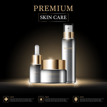 Hydrating facial cream for annual sale or festival sale. 
silver and gold cream mask bottle isolated on golden light background. Graceful cosmetic ads, illustration.のイラスト素材