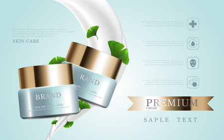 Hydrating facial milk cream for annual sale or festival sale. Green and gold cream mask bottle isolated on pour milk background. Graceful cosmetic ads, illustration.のイラスト素材