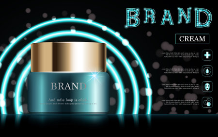 Hydrating facial cream for annual sale or festival sale. Green and gold cream mask bottle isolated on green neon light background. Graceful cosmetic ads, illustration.のイラスト素材