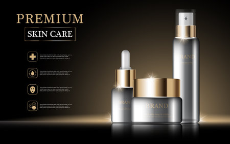 Hydrating facial cream for annual sale or festival sale. 
silver and gold cream mask bottle isolated on golden light background. Graceful cosmetic ads, illustration.のイラスト素材