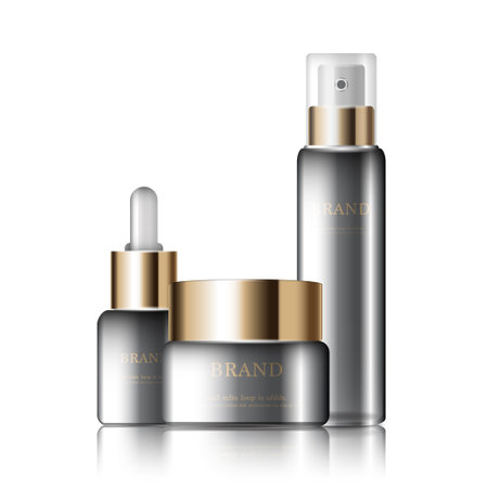 Hydrating facial cream for annual sale or festival sale. 
silver and gold cream mask bottle isolated on golden light background. Graceful cosmetic ads, illustration.のイラスト素材