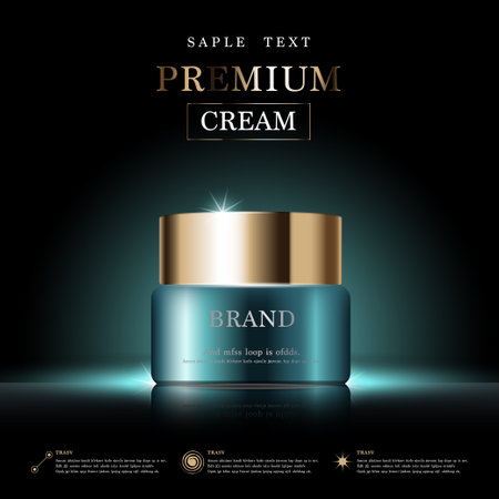 Hydrating facial cream for annual sale or festival sale. 
green and gold cream mask bottle isolated on golden light background. Graceful cosmetic ads, illustration.のイラスト素材