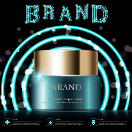 Hydrating facial cream for annual sale or festival sale. Green and gold cream mask bottle isolated on green neon light background. Graceful cosmetic ads, illustration.のイラスト素材
