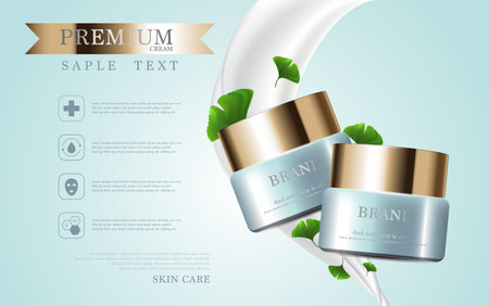 Hydrating facial milk cream for annual sale or festival sale. Green and gold cream mask bottle isolated on pour milk background. Graceful cosmetic ads, illustration.のイラスト素材