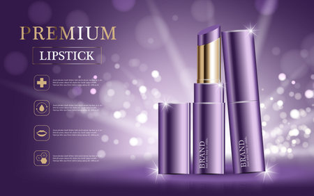 Hydrating facial lipstick for annual sale or festival sale. 
purple and gold lipstick mask bottle isolated on golden light background. Graceful cosmetic ads, illustration.のイラスト素材