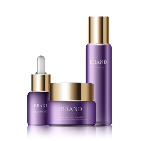 Hydrating facial cream for annual sale or festival sale. 
purple and gold cream mask bottle isolated on golden light background. Graceful cosmetic ads, illustration.のイラスト素材