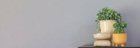 Satai Modern pottery with leaves laying on a wooden shelf against a white wall background. Handmade pottery. Thailand's native handicrafts.の写真素材