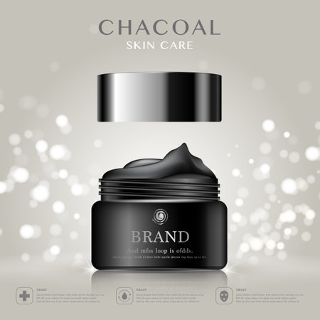 Hydrating facial cream for annual sale or festival sale. black and gold cream mask bottle isolated on golden light background. Graceful cosmetic ads, illustration.のイラスト素材