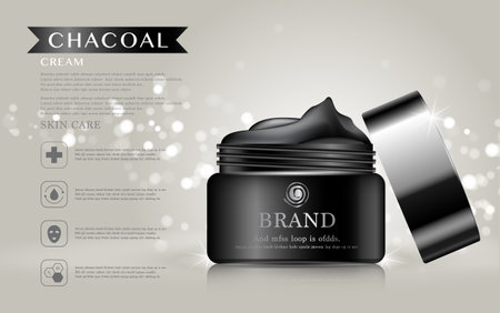 Hydrating facial cream for annual sale or festival sale. black and gold cream mask bottle isolated on golden light background. Graceful cosmetic ads, illustration.のイラスト素材