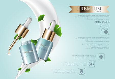 Hydrating facial milk serum for annual sale or festival sale. Green and gold serum mask bottle isolated on pour milk background. Graceful cosmetic ads, illustration.のイラスト素材