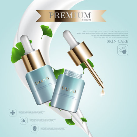 Hydrating facial milk serum for annual sale or festival sale. Green and gold serum mask bottle isolated on pour milk background. Graceful cosmetic ads, illustration.のイラスト素材