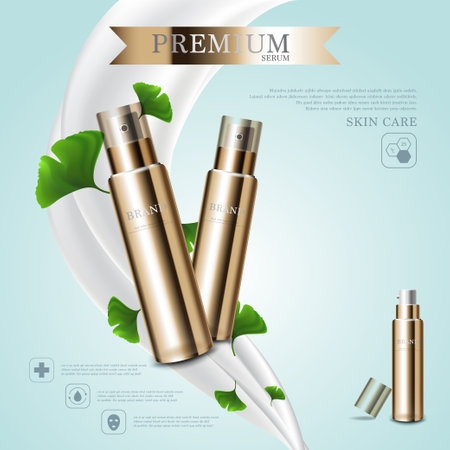 Hydrating facial milk cream for annual sale or festival sale. Green and gold cream mask bottle isolated on pour milk background. Graceful cosmetic ads, illustration.のイラスト素材