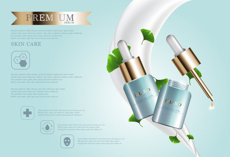 Hydrating facial milk serum for annual sale or festival sale. Green and gold serum mask bottle isolated on pour milk background. Graceful cosmetic ads, illustration.のイラスト素材