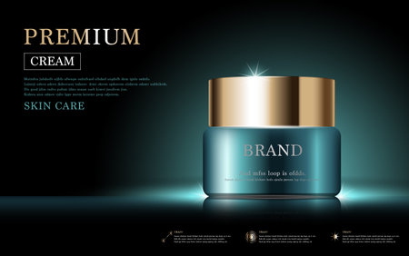 Hydrating facial cream for annual sale or festival sale. green and gold cream mask bottle isolated on golden light background. Graceful cosmetic ads, illustration.のイラスト素材