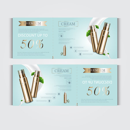 Gift voucher cosmetic hydrating facial cream for annual sale or festival sale. blue and gold serum mask bottle isolated on glitter particles background. Banner graceful cosmetic ads, illustration.のイラスト素材