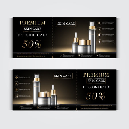 Gift voucher cosmetic hydrating facial cream for annual sale or festival sale. blue and gold serum mask bottle isolated on glitter particles background. Banner graceful cosmetic ads, illustration.のイラスト素材