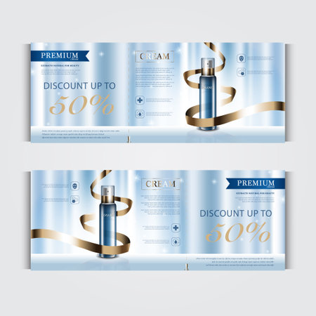 Gift voucher cosmetic hydrating facial cream for annual sale or festival sale. blue and gold serum mask bottle isolated on glitter particles background. Banner graceful cosmetic ads, illustration.のイラスト素材