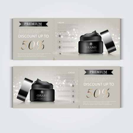 Gift voucher cosmetic hydrating facial cream for annual sale or festival sale. blue and gold serum mask bottle isolated on glitter particles background. Banner graceful cosmetic ads, illustration.のイラスト素材