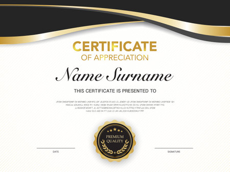 certificate of achievement template black and gold color with luxury and modern style vector image. awards diploma of work. illustration gift card design.のイラスト素材