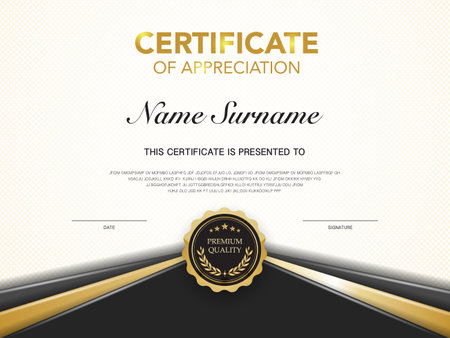 certificate of achievement template black and gold color with luxury and modern style vector image. awards diploma of work. illustration gift card design.のイラスト素材