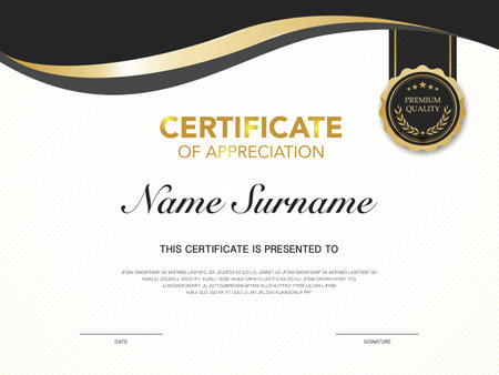 certificate of achievement template black and gold color with luxury and modern style vector image. awards diploma of work. illustration gift card design.のイラスト素材