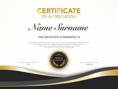 certificate of achievement template black and gold color with luxury and modern style vector image. awards diploma of work. illustration gift card design.のイラスト素材