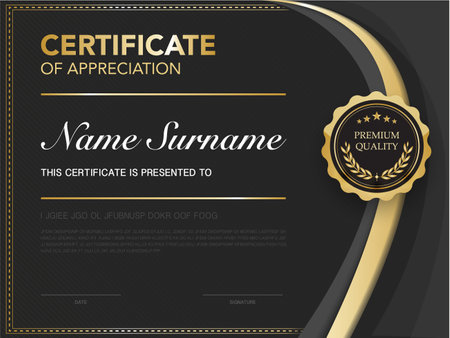 certificate of achievement template black and gold color with luxury and modern style vector image. awards diploma of work. illustration gift card design.のイラスト素材