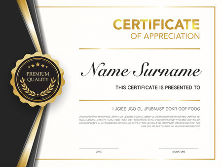 certificate of achievement template black and gold color with luxury and modern style vector image. awards diploma of work. illustration gift card design.のイラスト素材