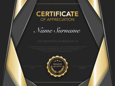 certificate of achievement template black and gold color with luxury and modern style vector image. awards diploma of work. illustration gift card design.のイラスト素材