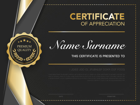 certificate of achievement template black and gold color with luxury and modern style vector image. awards diploma of work. illustration gift card design.のイラスト素材