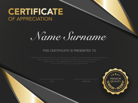 certificate of achievement template black and gold color with luxury and modern style vector image. awards diploma of work. illustration gift card design.のイラスト素材