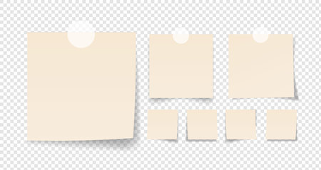 Collection of cream note papers or post stickers or post notes with curled corner ready for your message on transparent background. vector design.のイラスト素材