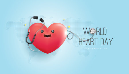 World heart day concept. stethoscope with heart shape, heart wave sign, hug the globe, happy earth day, world map background. vector design.のイラスト素材