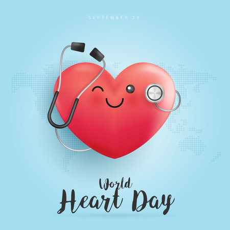 World heart day concept. stethoscope with heart shape, heart wave sign, hug the globe, happy earth day, world map background. vector design.のイラスト素材