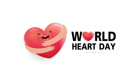 World heart day concept. hands hugging heart. cartoon cute happy heart character with smile by myself for medical apps and websites. vector design.のイラスト素材