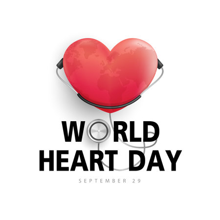 World heart day concept. stethoscope with heart shape, heartbeat line, heart wave sign, happy earth day, vector design.のイラスト素材