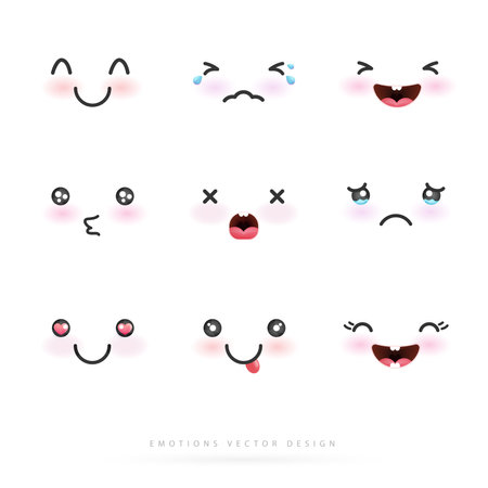 Cartoon emotions cute faces. eyes and mouths japanese emoticon in in different expressions. expression anime character and different emotion mood, happy, sad, smile face. comic line art vector design.のイラスト素材