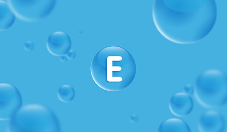 Drop water vitamin E blue and structure. vitamin solution complex with chemical formula from nature. beauty treatment nutrition skin care design. medical and scientific concepts for cosmetic. vector.の写真素材