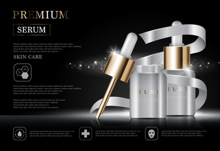 Hydrating facial serum for annual sale or festival sale. white and gold cream mask bottle isolated on golden light background. Graceful cosmetic ads, illustration.のイラスト素材