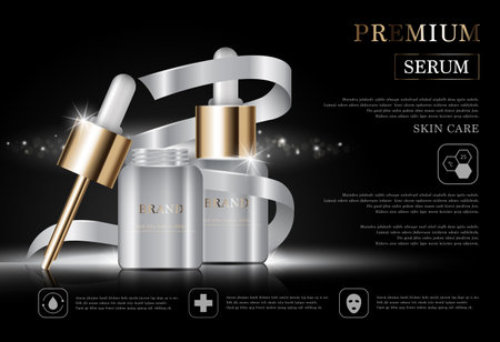 Hydrating facial serum for annual sale or festival sale. white and gold cream mask bottle isolated on golden light background. Graceful cosmetic ads, illustration.のイラスト素材