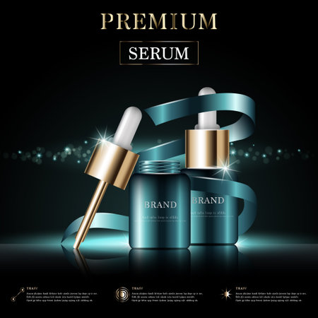 Hydrating facial serum for annual sale or festival sale. green and gold cream mask bottle isolated on golden light background. Graceful cosmetic ads, illustration.のイラスト素材