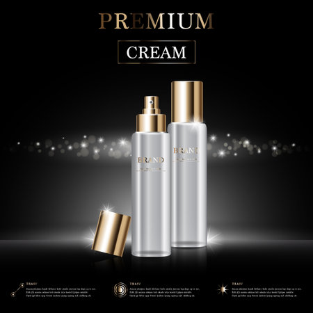 Hydrating facial cream for annual sale or festival sale. white and gold cream mask bottle isolated on golden light background. Graceful cosmetic ads, illustration.のイラスト素材