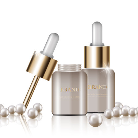 Hydrating facial serum for annual sale or festival sale. white pearl and gold cream mask bottle isolated on golden light background. Graceful cosmetic ads, illustration.のイラスト素材